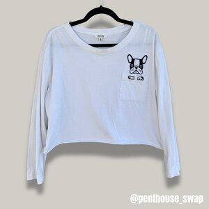 White Cropped Long Sleeve T-shirt with Embroidered Dog, Size XL